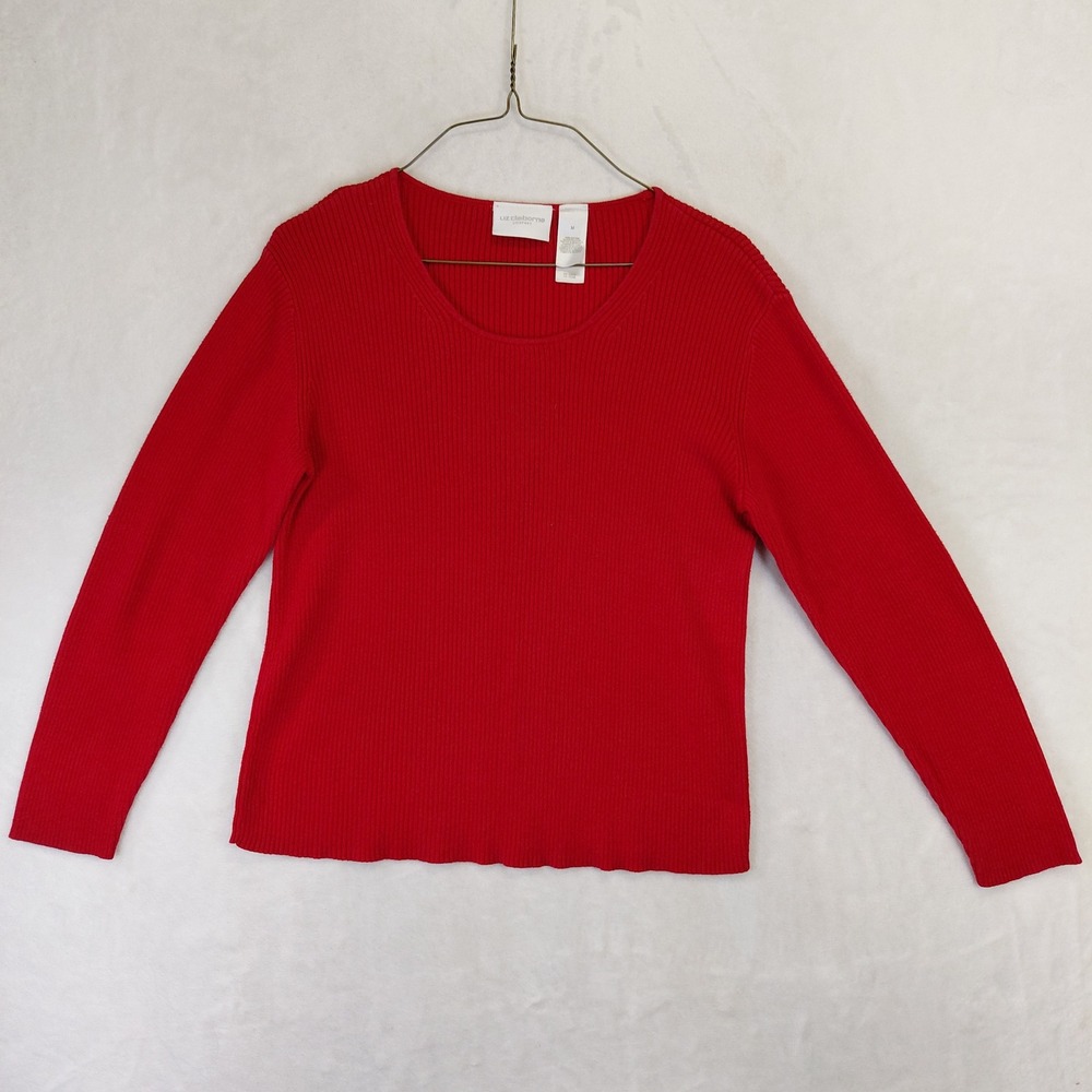 Liz Claiborne Lizsport Red Ribbed Knit Cotton Long Sleeve Scoop Neck Top Size M